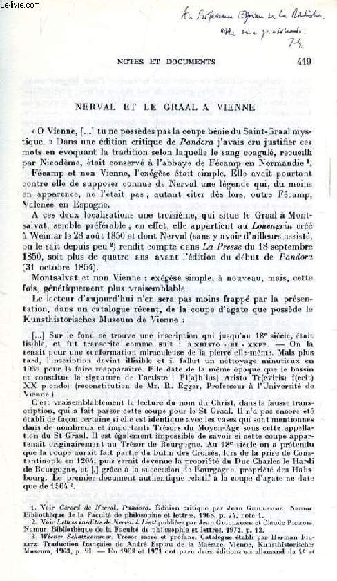 NERVAL ET LE GRAAL A VIENNE (REVUE DE LITTERATURE COMPAREE, EXTRAIT)