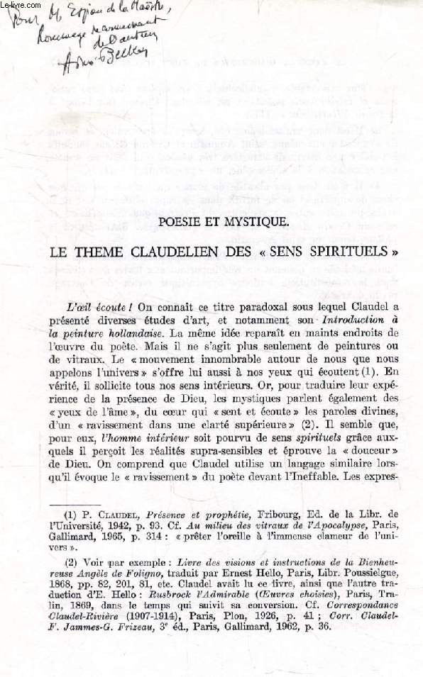 POESIE ET MYSTIQUE, LE THEME CLAUDELIEN DES 'SENS SPIRITUELS' (REVUE DES SCIENCES RELIGIEUSES, EXTRAIT)