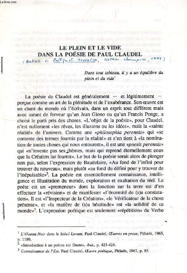 LE PLEIN ET LE VIDE DANS LA POESIE DE PAUL CLAUDEL (TIRE A PART)