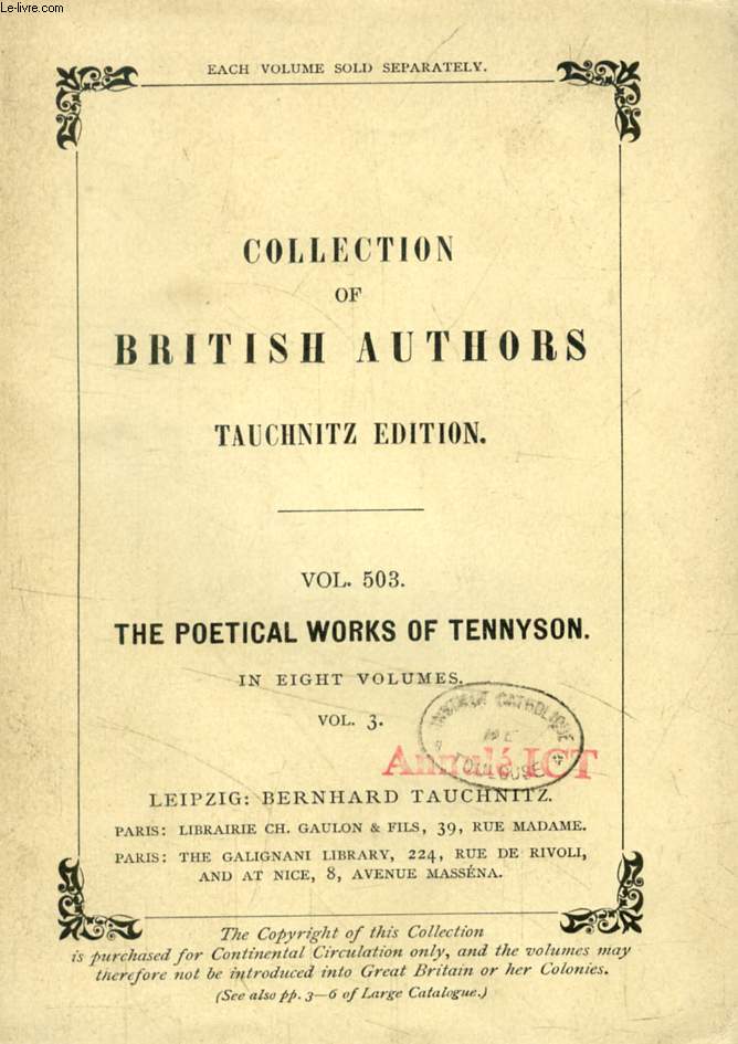THE POETICAL WORKS OF TENNYSON, VOL. 3 (TAUCHNITZ EDITION, COLLECTION OF BRITISH AND AMERICAN AUTHORS, VOL. 503)