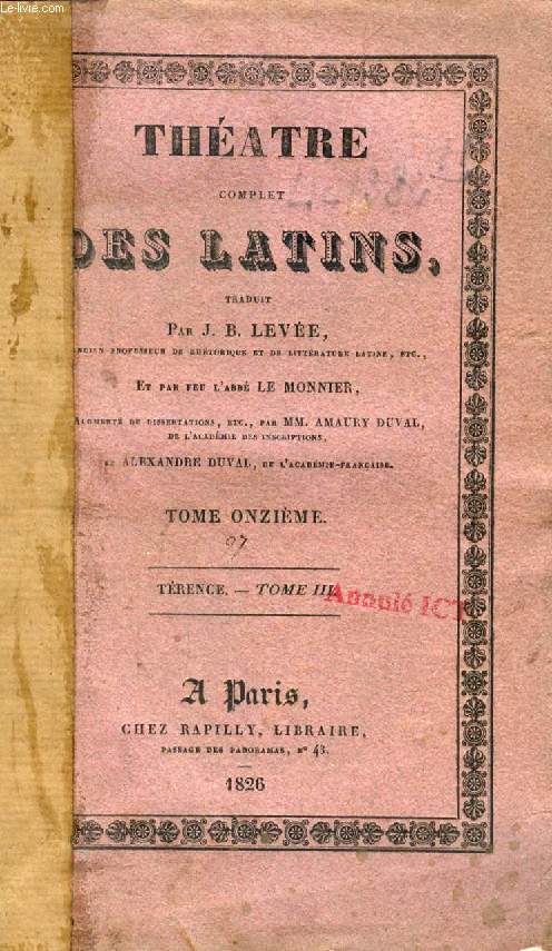 THEATRE COMPLET DES LATINS, TOME XI, TERENCE, TOME III