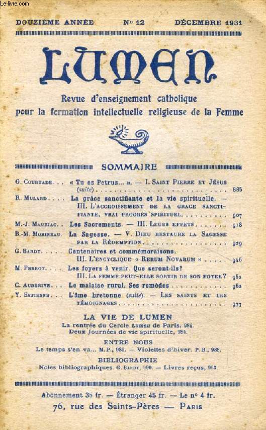 LUMEN, 12e ANNEE, N 12, DEC. 1931 (Sommaire: G. Courtade. 