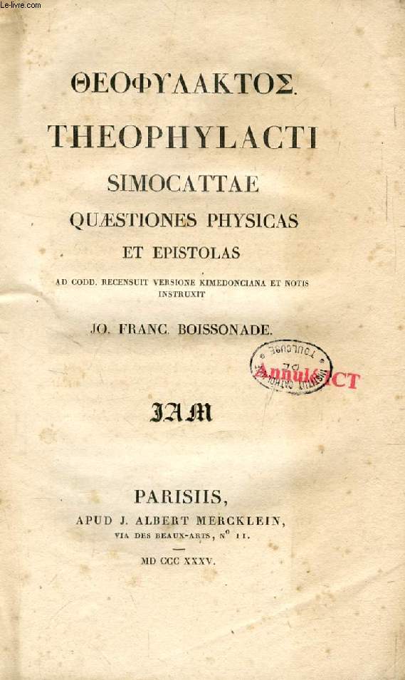 THEOPHYLACTI SIMOCATTAE QUAESTIONES PHYSICAS ET EPISTOLAS