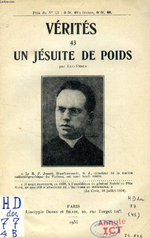 VERITES, N 43, UN JESUITE DE POIDS, LE R.P. JOSEPH GIANFRANCESCHI, S.J.
