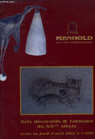 VENTE AUX ENCHERES : ARTS DECORATIFS ET TABLEAUX DU XX EME SIECLE DU JEUDI 5 AVRIL 2001