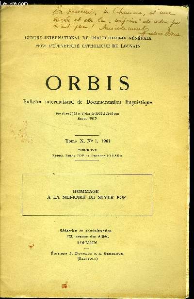 ORBIS - BULLETIN INTERNATIONAL DE DOCUMENTATION LINGUISTIQUE TOME X N 1 1961