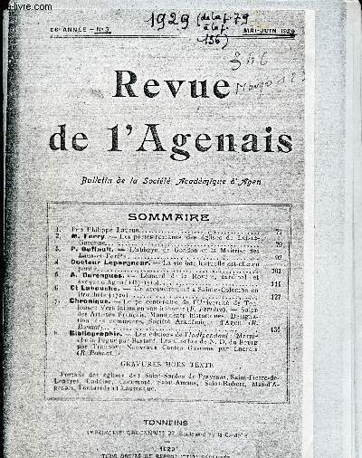 PHOTOCOPIE DE LA REVUE DE L AGENAIS - BULLETIN DE LA SOCIETE ACADEMIQUE D AGEN - 66 EME ANNEE - MAI JUIN 1929