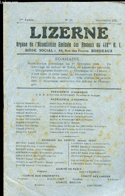LIZERNE : ORGANE DE L ASSOCIATION AMICALE DES ANCIENS DU 418 EME R.I - N 16 SEPTEMBRE 1924