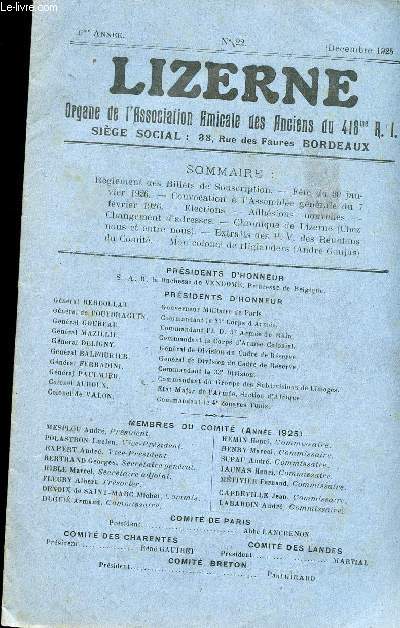LIZERNE : ORGANE DE L ASSOCIATION AMICALE DES ANCIENS DU 418 EME R.I - N 22 DECEMBRE 1925
