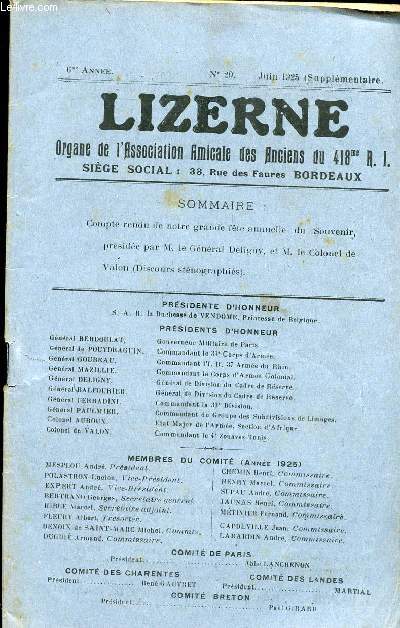 LIZERNE : ORGANE DE L ASSOCIATION AMICALE DES ANCIENS DU 418 EME R.I - N 20 JUIN 1925