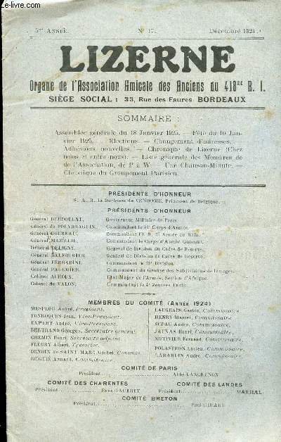 LIZERNE : ORGANE DE L ASSOCIATION AMICALE DES ANCIENS DU 418 EME R.I - N 17 DECEMBRE 1924