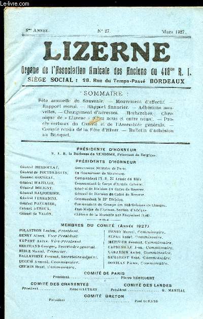 LIZERNE : ORGANE DE L ASSOCIATION AMICALE DES ANCIENS DU 418 EME R.I - N 27 MARS 1927