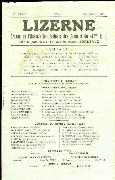 LIZERNE : ORGANE DE L ASSOCIATION AMICALE DES ANCIENS DU 418 EME R.I - N 26 DECEMBRE 1926