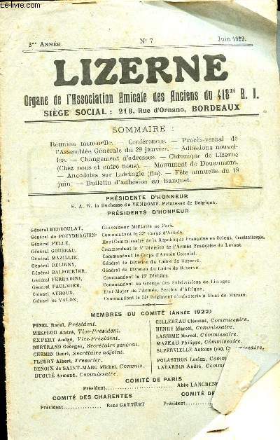 LIZERNE : ORGANE DE L ASSOCIATION AMICALE DES ANCIENS DU 418 EME R.I - N 7 JUIN 1922
