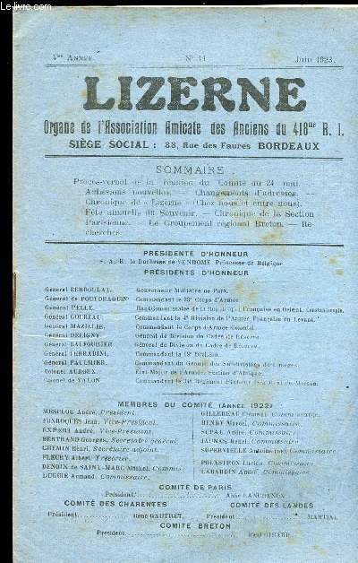 LIZERNE : ORGANE DE L ASSOCIATION AMICALE DES ANCIENS DU 418 EME R.I - N 11 JUIN 1923