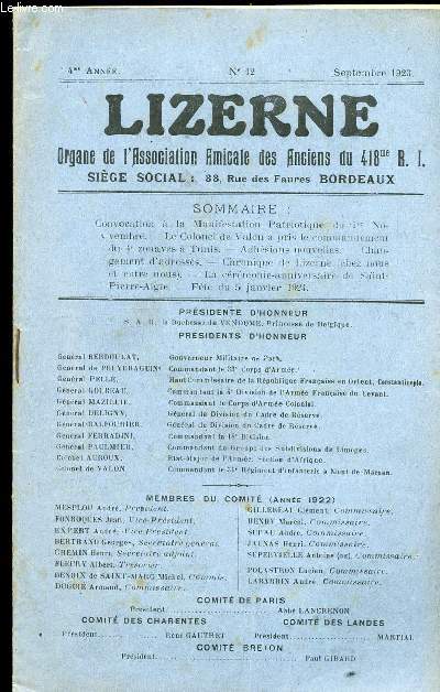 LIZERNE : ORGANE DE L ASSOCIATION AMICALE DES ANCIENS DU 418 EME R.I - N 12 DECEMBRE 1923