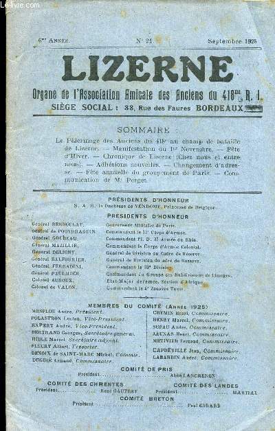 LIZERNE : ORGANE DE L ASSOCIATION AMICALE DES ANCIENS DU 418 EME R.I - N 21 SEPTEMBRE 1925