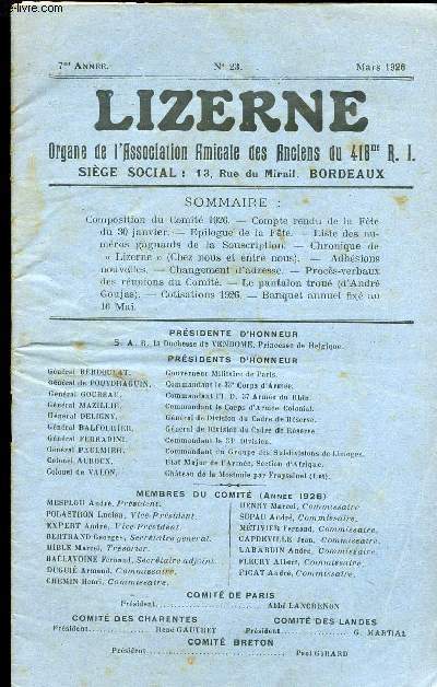 LIZERNE : ORGANE DE L ASSOCIATION AMICALE DES ANCIENS DU 418 EME R.I - N 23 MARS 1926