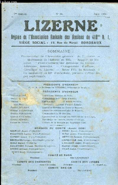 LIZERNE : ORGANE DE L ASSOCIATION AMICALE DES ANCIENS DU 418 EME R.I - N 24 JUIN 1926