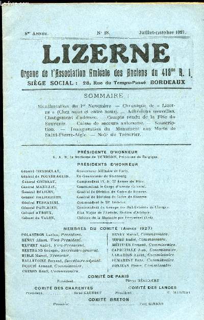 LIZERNE : ORGANE DE L ASSOCIATION AMICALE DES ANCIENS DU 418 EME R.I - N 28 DECEMBRE 1927