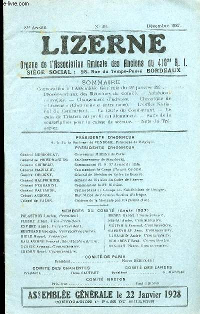 LIZERNE : ORGANE DE L ASSOCIATION AMICALE DES ANCIENS DU 418 EME R.I - N 29 DECEMBRE 1927