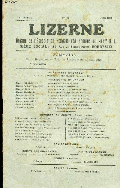 LIZERNE : ORGANE DE L ASSOCIATION AMICALE DES ANCIENS DU 418 EME R.I - N 31 JUIN 1928