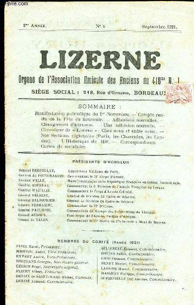 LIZERNE : ORGANE DE L ASSOCIATION AMICALE DES ANCIENS DU 418 EME R.I - N4 SEPTEMBRE 1921