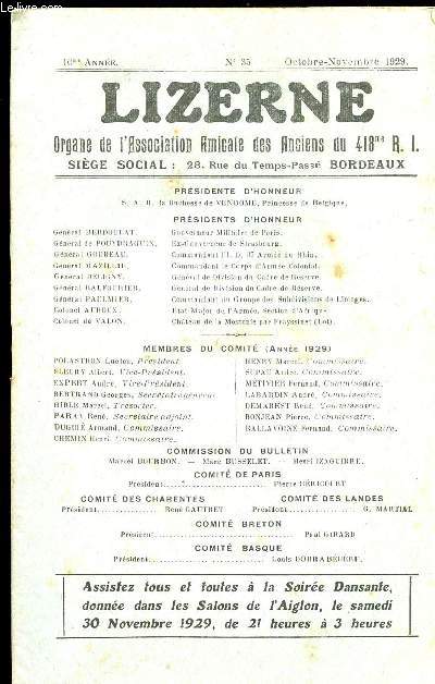 LIZERNE : ORGANE DE L ASSOCIATION AMICALE DES ANCIENS DU 418 EME R.I - N 35 OCTOBRE NOVEMBRE 1929