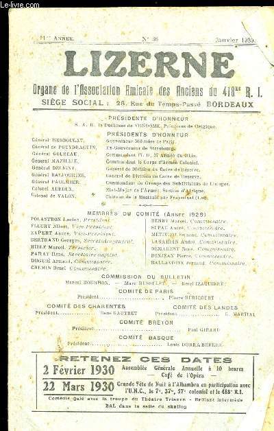 LIZERNE : ORGANE DE L ASSOCIATION AMICALE DES ANCIENS DU 418 EME R.I - N 36 JANVIER 1930