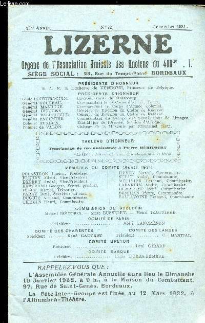 LIZERNE : ORGANE DE L ASSOCIATION AMICALE DES ANCIENS DU 418 EME R.I - N 42 DECEMBRE 1931
