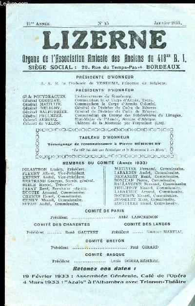 LIZERNE : ORGANE DE L ASSOCIATION AMICALE DES ANCIENS DU 418 EME R.I - N 45 JANVIER 1933