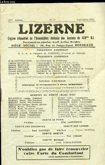 LIZERNE : ORGANE DE L ASSOCIATION AMICALE DES ANCIENS DU 418 EME R.I - N 47 SEPTEMBRE 1933