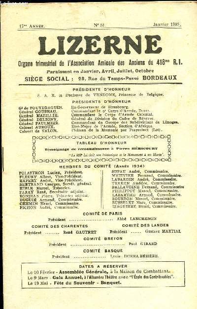 LIZERNE : ORGANE DE L ASSOCIATION AMICALE DES ANCIENS DU 418 EME R.I - N 51 JANVIER 1935