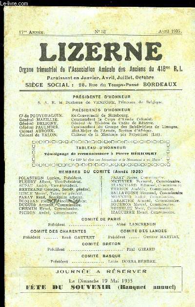 LIZERNE : ORGANE DE L ASSOCIATION AMICALE DES ANCIENS DU 418 EME R.I - N 52 AVRIL 1935