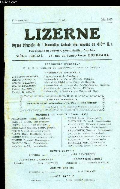 LIZERNE : ORGANE DE L ASSOCIATION AMICALE DES ANCIENS DU 418 EME R.I - N 53 MAI 1935