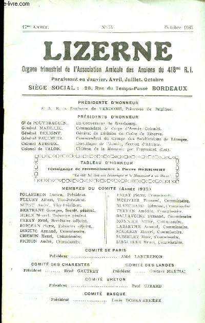 LIZERNE : ORGANE DE L ASSOCIATION AMICALE DES ANCIENS DU 418 EME R.I - N 54 OCTOBRE 1935
