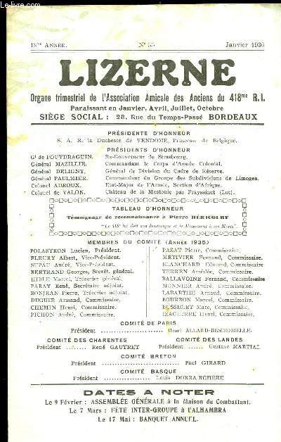 LIZERNE : ORGANE DE L ASSOCIATION AMICALE DES ANCIENS DU 418 EME R.I - N 55 JANVIER 1936