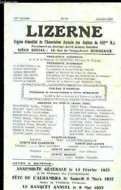 LIZERNE : ORGANE DE L ASSOCIATION AMICALE DES ANCIENS DU 418 EME R.I - N 58 JANVIEZR 1937