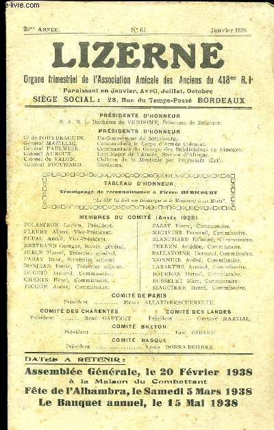 LIZERNE : ORGANE DE L ASSOCIATION AMICALE DES ANCIENS DU 418 EME R.I - N 61 JANVIER 1938