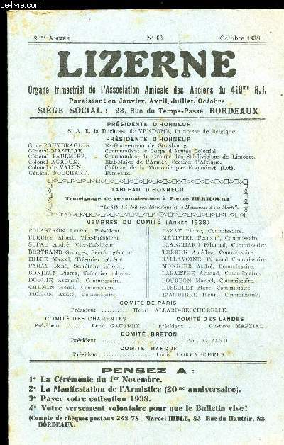 LIZERNE : ORGANE DE L ASSOCIATION AMICALE DES ANCIENS DU 418 EME R.I - N 63 OCTOBRE 1938