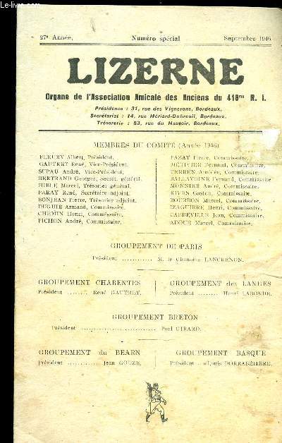 LIZERNE : ORGANE DE L ASSOCIATION AMICALE DES ANCIENS DU 418 EME R.I - N NUMERO SPECIAL SEPTEMBRE 1946
