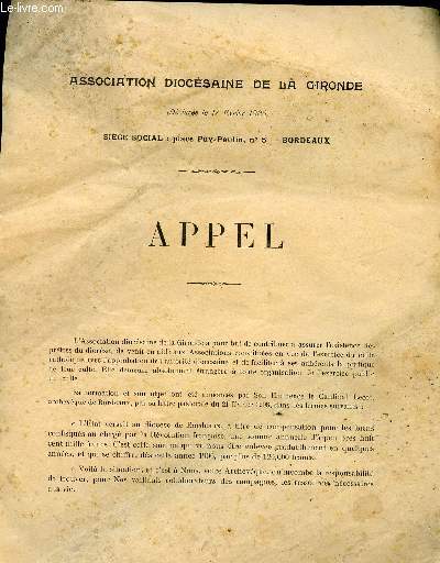 ASSOCIATION DIOCESAINE DE LA GIRONDE - APPEL