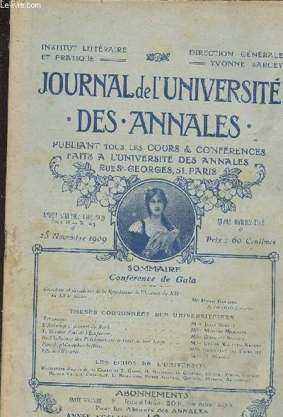 JOURNAL DE L UNIVERSITE - DES ANNALES - TOME II N25 - PUBLIANT TOUS LES COURS ET CONFERENCES FAITS A L UNIVERSITE DES ANNALES RUE ST GEORGES, 51, PARIS