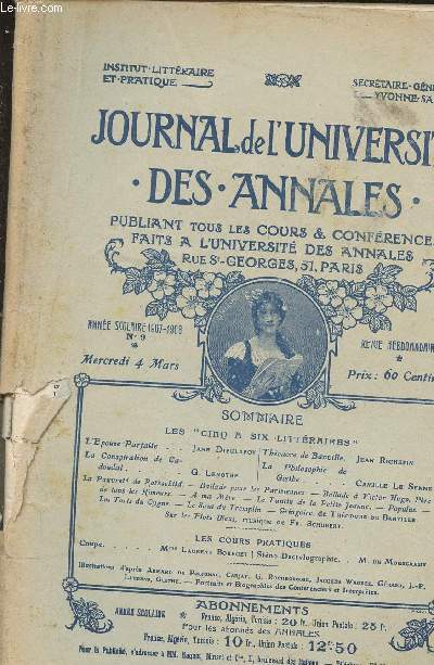 JOURNAL DE L UNIVERSITE - N9 - MERCREDI 4 MARS 1908 - DES ANNALES - PUBLIANT TOUS LES COURS ET CONFERENCES FAITS A L UNIVERSITE DES ANNALES RUE ST GEORGES, 51, PARIS