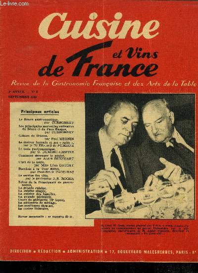 Cuisine et vins de France - 3e anne - n 9 - Septembre 1949 : Le Barn gastronomique, par Curnonsky - Les principales merveilles culinaires du Barn et du Pays Basque, par Curnonsky - Gibiers de France, par Paul Megnin- Comment dcouper le poulet, etc.