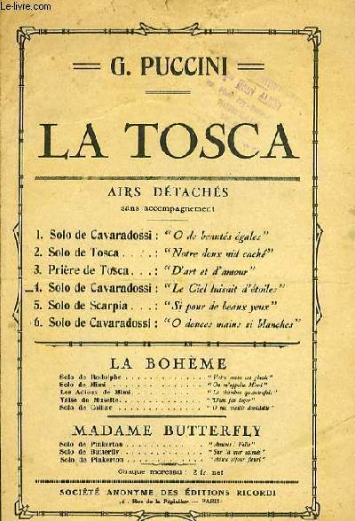 LA TOSCA solo de cavaradossi PARTITION POUR LE CHANT SEUL