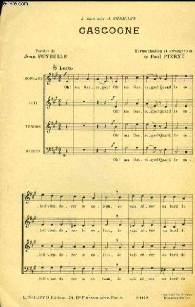 GASCOGNE partitiion pour le chant pour soprani, alti, tnors, et basses.