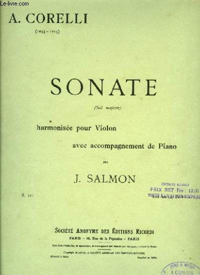 SONATE de A.Corelli (en sol majeur) harmonis pour violon avec accompagnement de piano