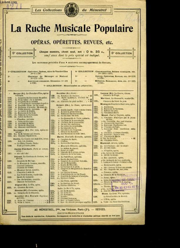 LA RUCHE MUSICALE POPULAIURE N1271. CAVALLERIA RUSTICANA. SICILIENNE.