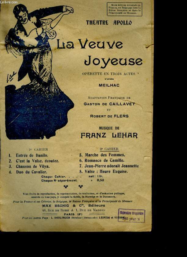 LA VEUVE JOYEUSE OPERETTE EN 3 ACTES.